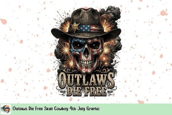 Outlaws Die Free Skull Cowboy 4th July Graphic