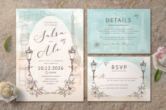 Paris Wedding Invitation Set: Romantic Stationery Design